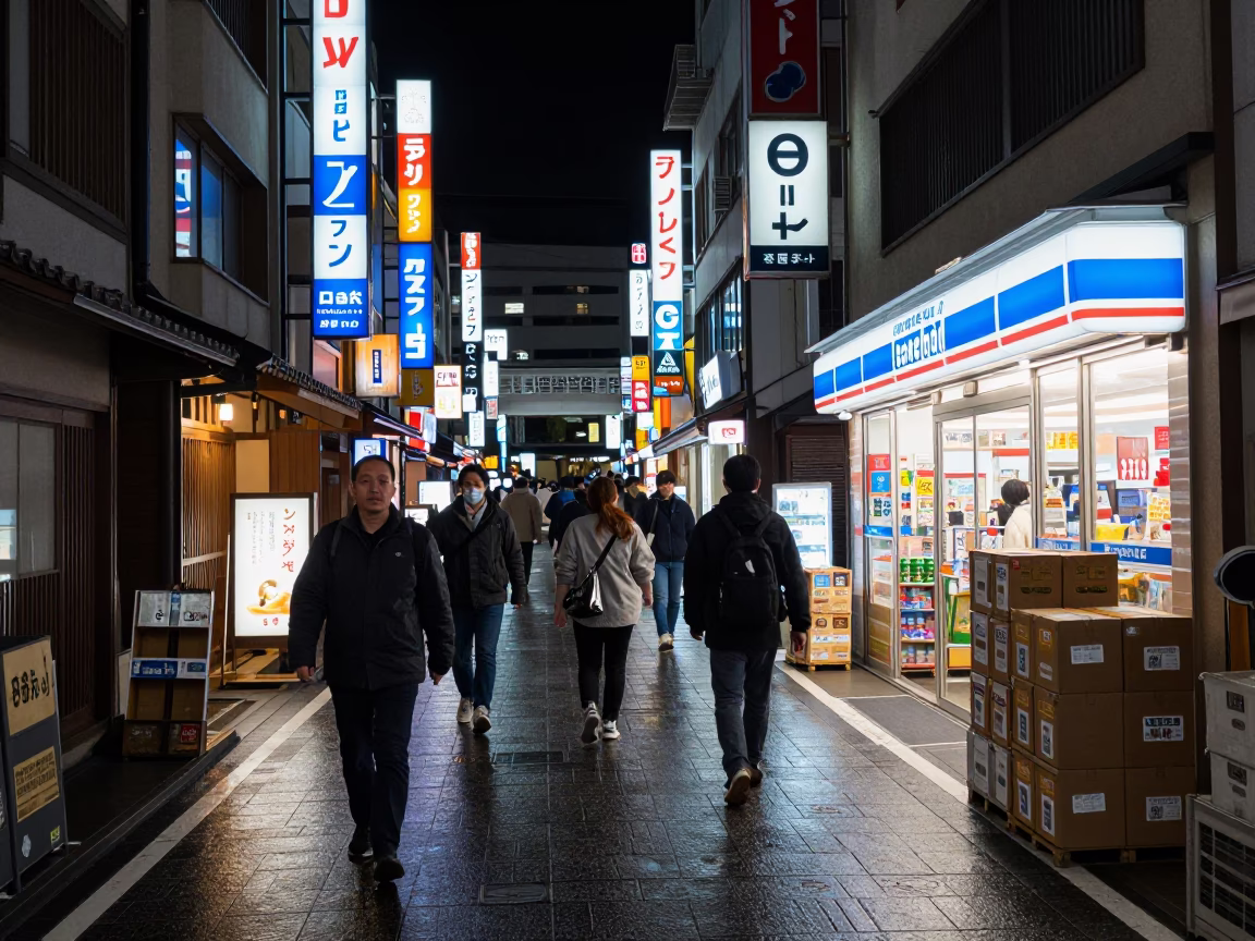 Busy Kyoto Night Street Scene with Neon Signs and Glass Tumbler in in Kyoto, Japan