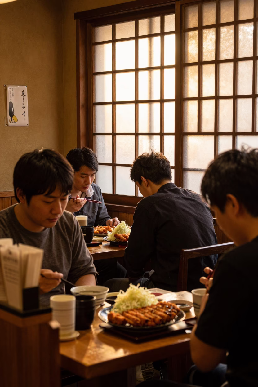Busy Kyoto Restaurant Interior with Tonkatsu and Cabbage at Golden Hour in in Kyoto, Japan