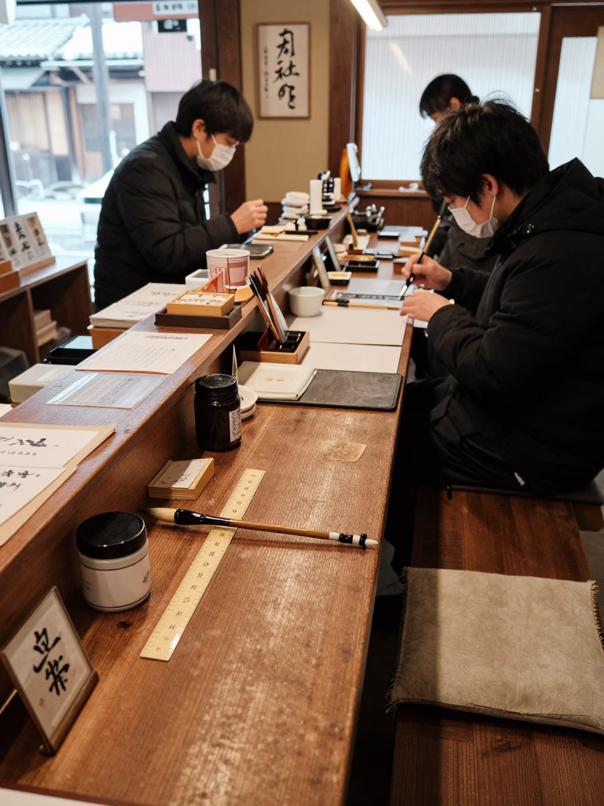 Busy Kyoto shop counter with calligraphy brush and enamel canisters in in Kyoto, Japan