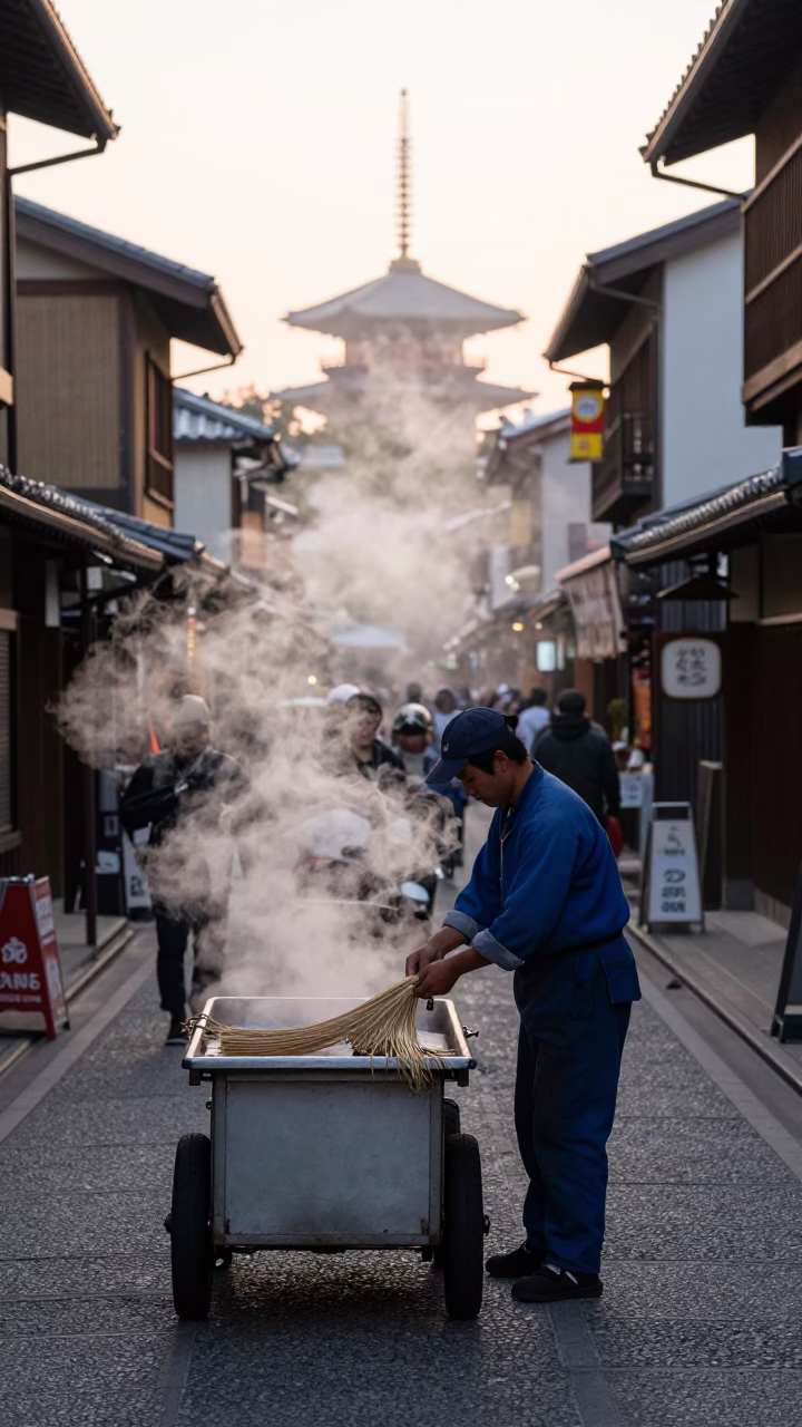 Busy Kyoto Street at Dawn with Steam and Traditional Architecture in in Kyoto, Japan