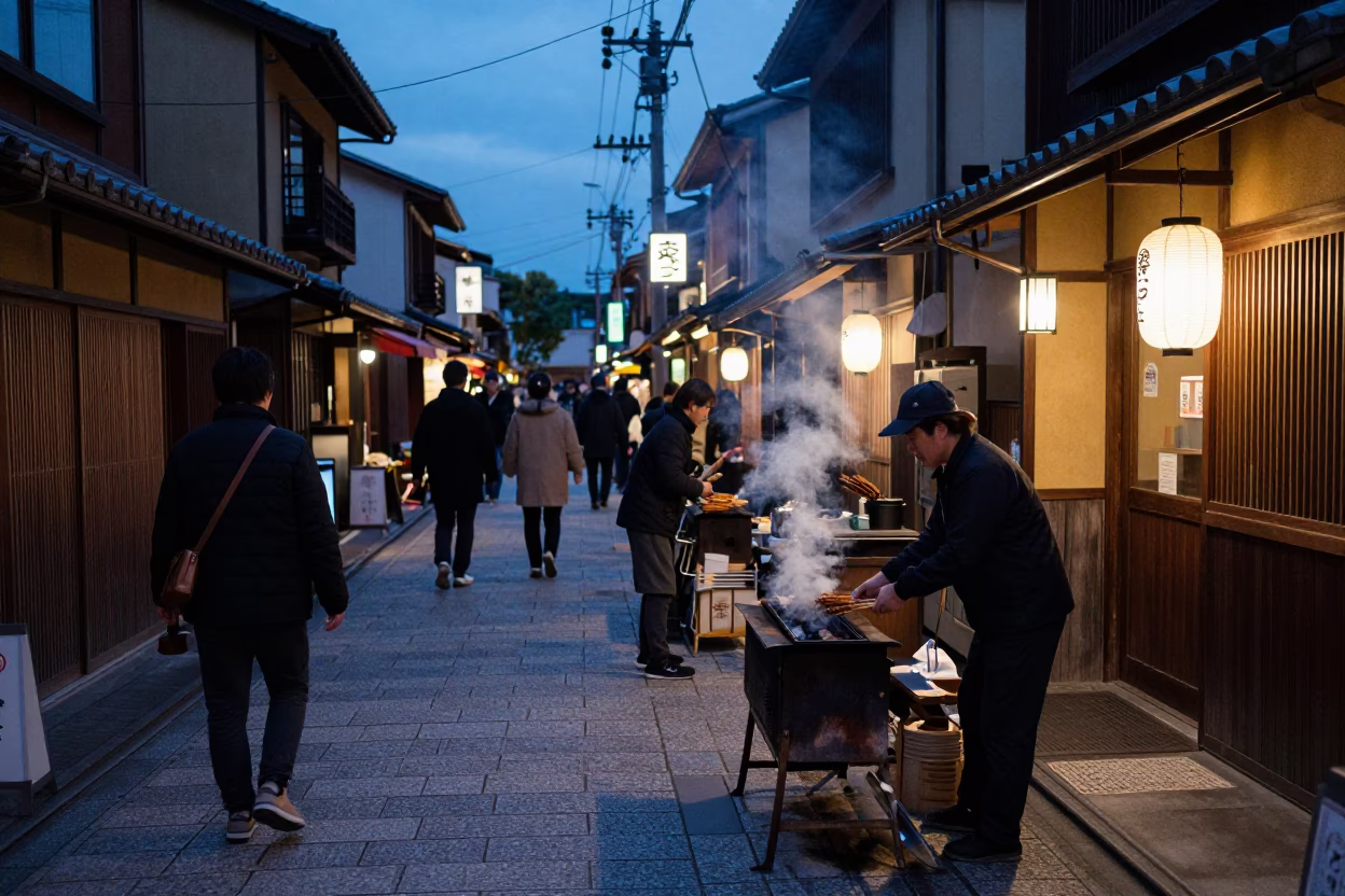 Busy Kyoto Street at Indigo Twilight with Local Dining and Urban Details in in Kyoto, Japan