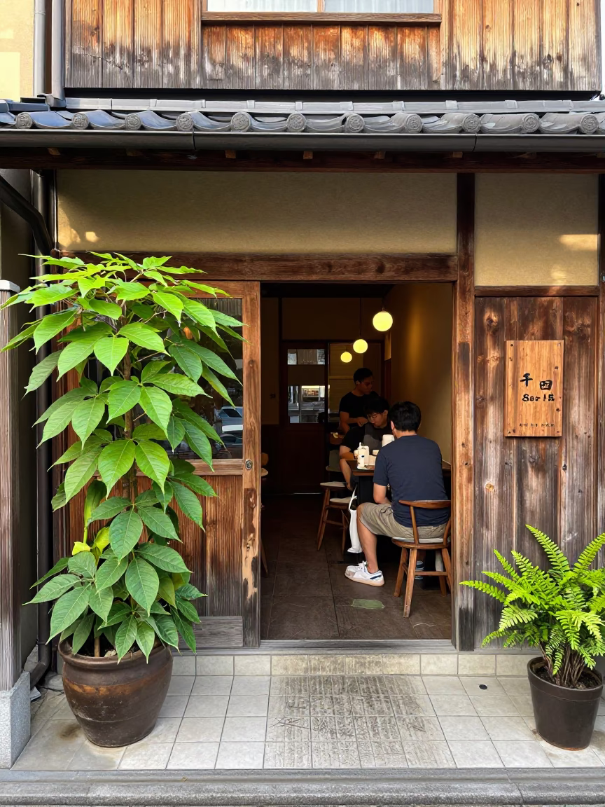 Busy Kyoto Street Cafe Afternoon with Houseplants and Scratched Tile in in Kyoto, Japan