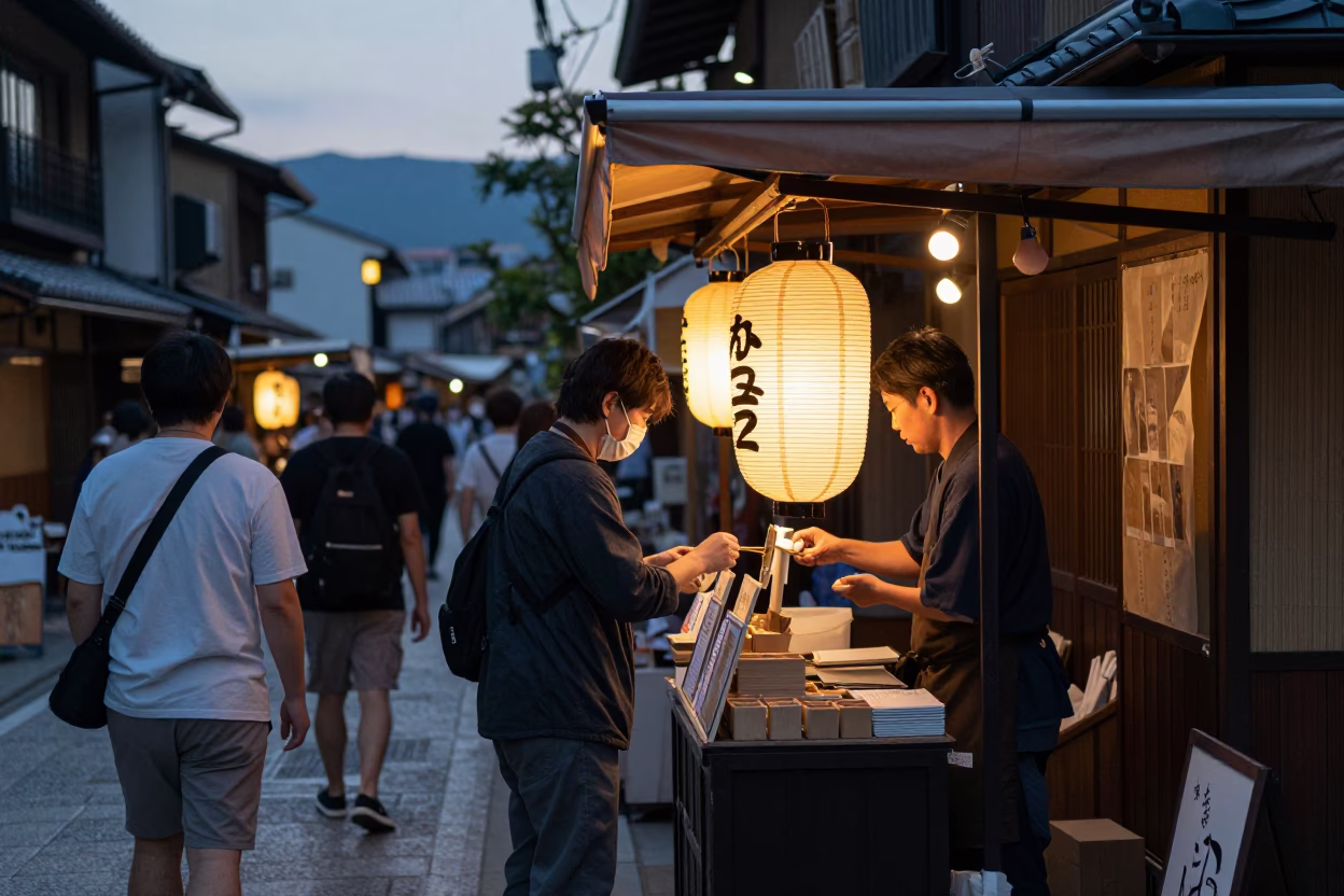 Busy Kyoto Street Corner Evening Scene with Notebook and Bananas in in Kyoto, Japan