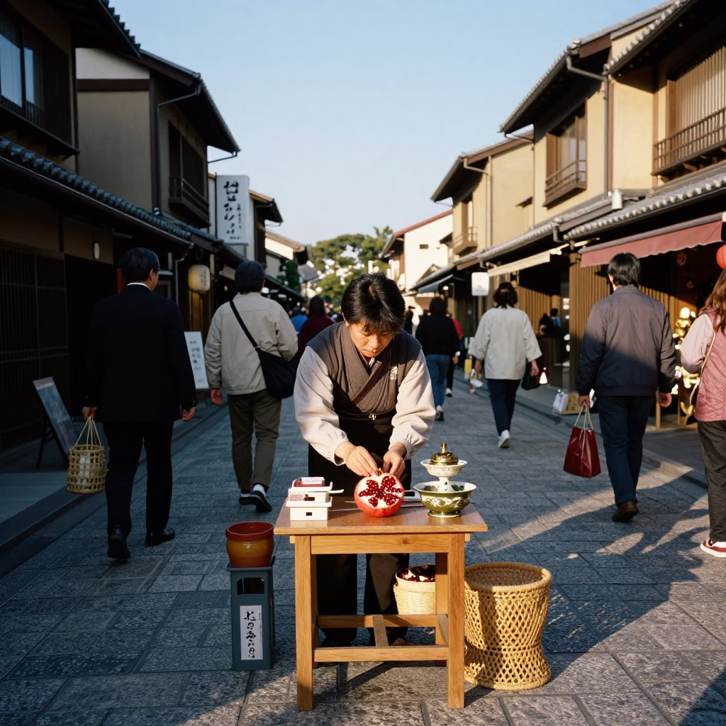 Busy Kyoto Street Corner in Late Afternoon Light with Incense Holder and Pomegranate in in Kyoto, Japan