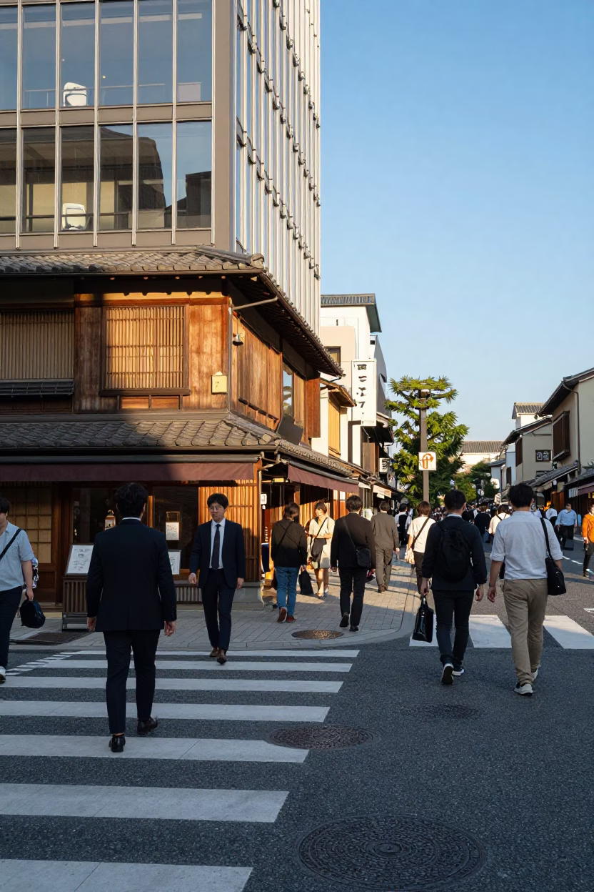 Busy Kyoto Street Corner Late Afternoon Light with Pedestrians and Shop Details in in Kyoto, Japan