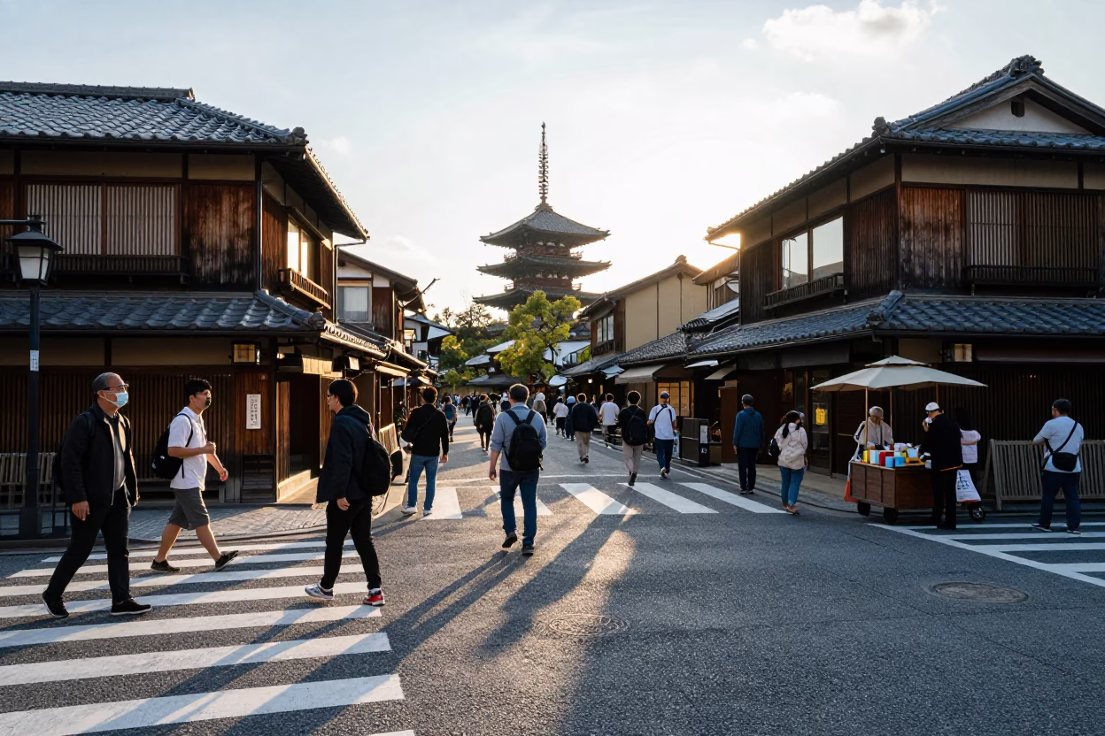 Busy Kyoto Street Corner Late Afternoon Pedestrians and Traditional Architecture in in Kyoto, Japan