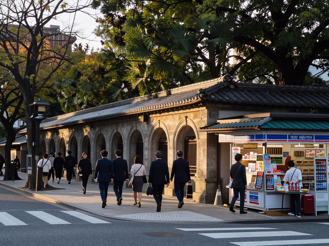 Busy Kyoto Street Corner Near Traditional University Cloister at Sunrise in in Kyoto, Japan