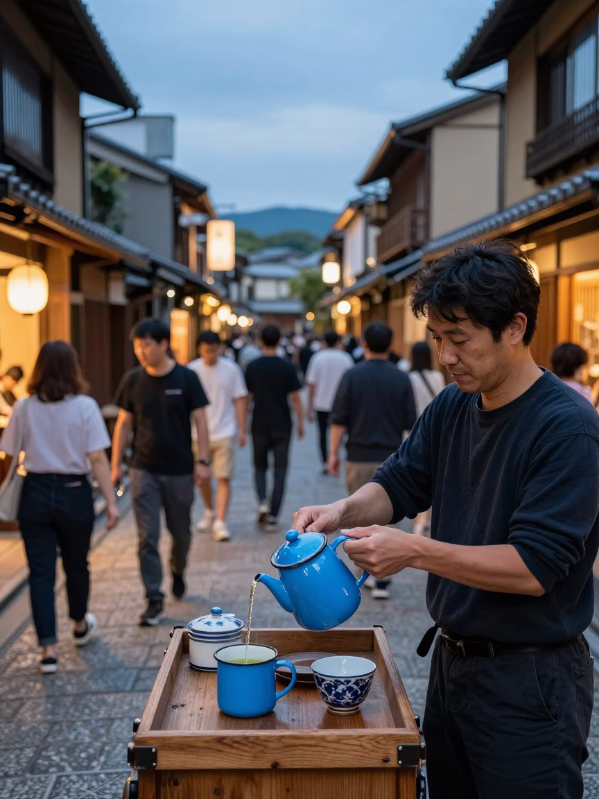 Busy Kyoto Street Evening with Traditional Enamel Pitcher and Yellow Taxi in in Kyoto, Japan