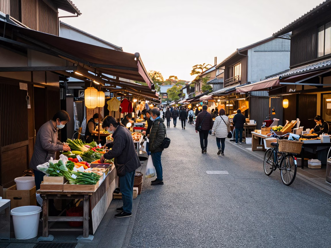 Busy Kyoto street market at dawn with wooden stalls and bicycle baskets in in Kyoto, Japan