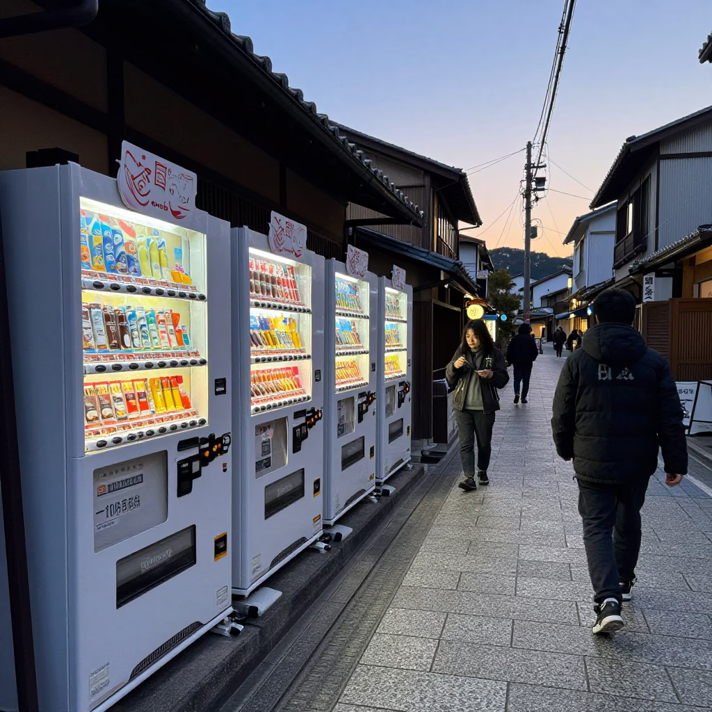 Busy Kyoto Street Morning Before Sunrise with Vending Machines and Lanterns in in Kyoto, Japan