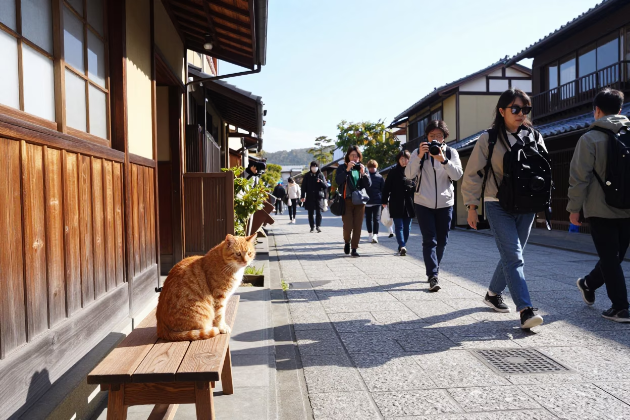 Busy Kyoto Street Morning with Ginger Cat and Travelers in in Kyoto, Japan