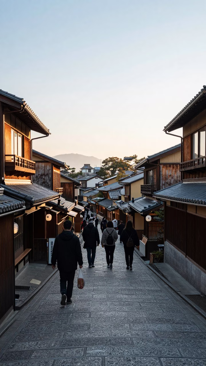 Busy Kyoto Street Morning with Traditional Wooden Facades and Early Commuters in in Kyoto, Japan