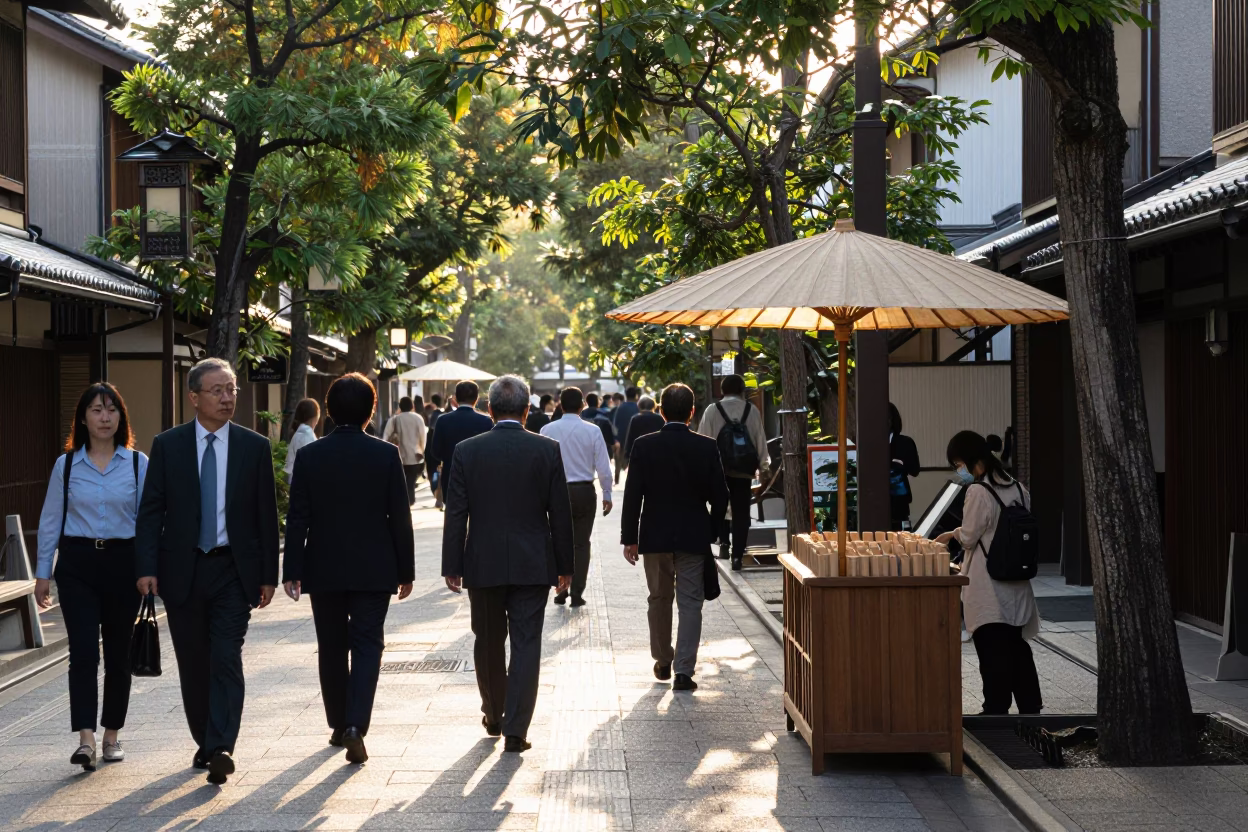 Busy Kyoto Street Scene After Sunrise with Umbrella Stand and Morning Commuters in Japan in in Kyoto, Japan