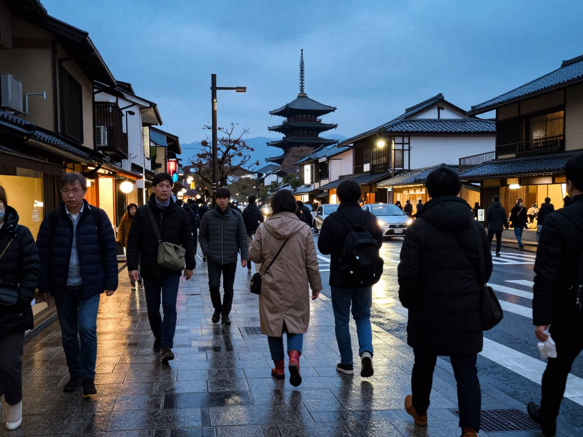 Busy Kyoto Street Scene at Blue Hour with Rain Boots and Coat Brush in in Kyoto, Japan