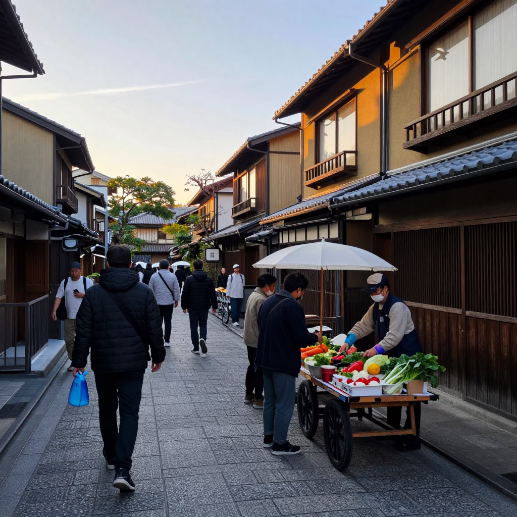 Busy Kyoto Street Scene at Dawn with Watering Bottle and Worn Chair Varnish in in Kyoto, Japan