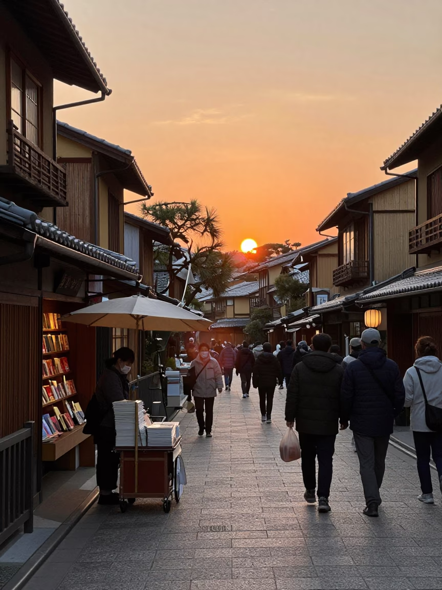 Busy Kyoto Street Scene at Dusk with Traditional Architecture and Urban Life in in Kyoto, Japan