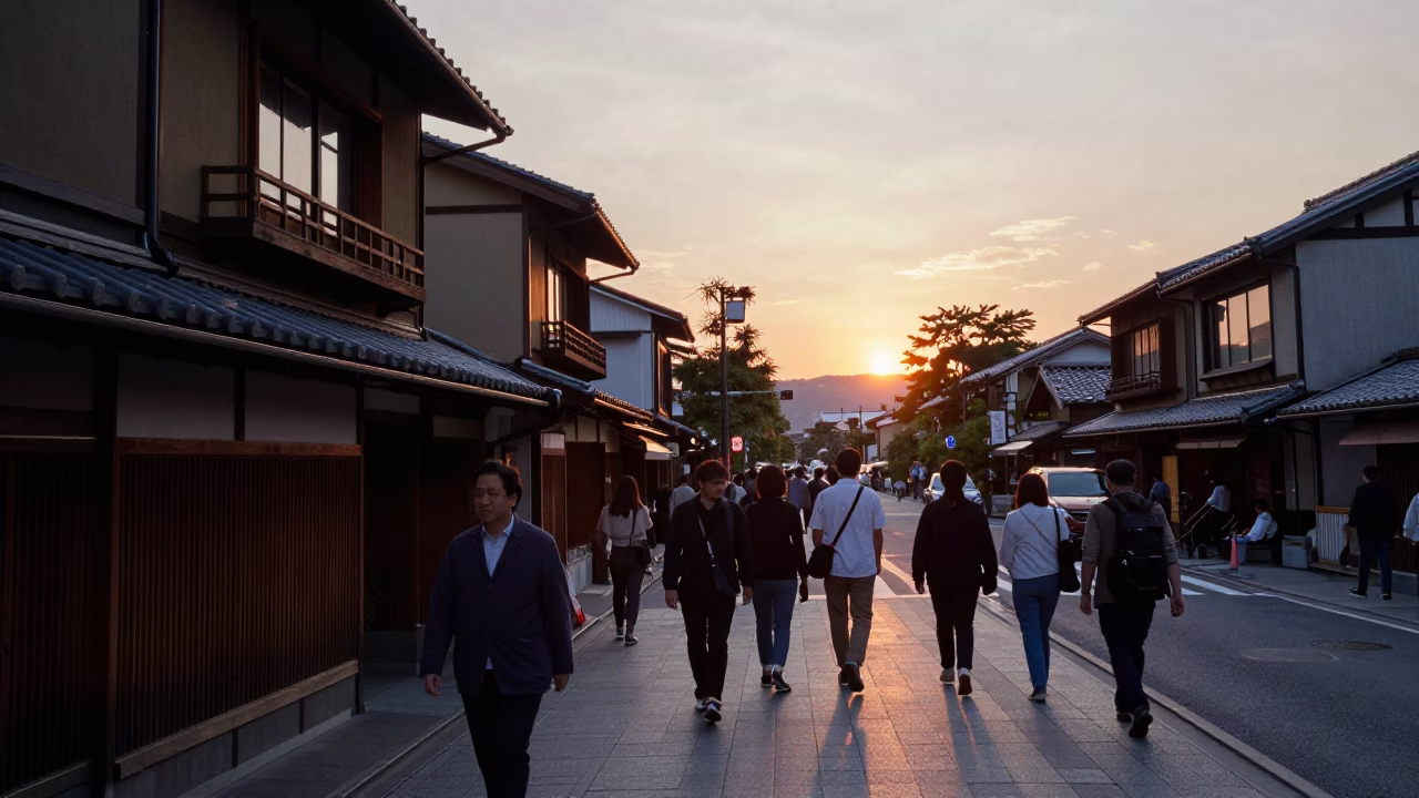 Busy Kyoto Street Scene at Dusk with Traditional Elements and Local Life in in Kyoto, Japan