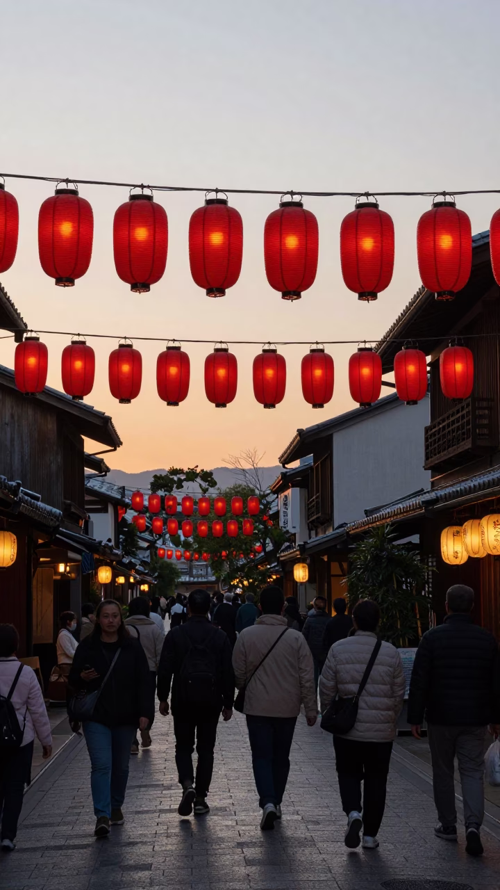 Busy Kyoto Street Scene at Dusk with Traditional Paper Lanterns and Evening Activity in in Kyoto, Japan