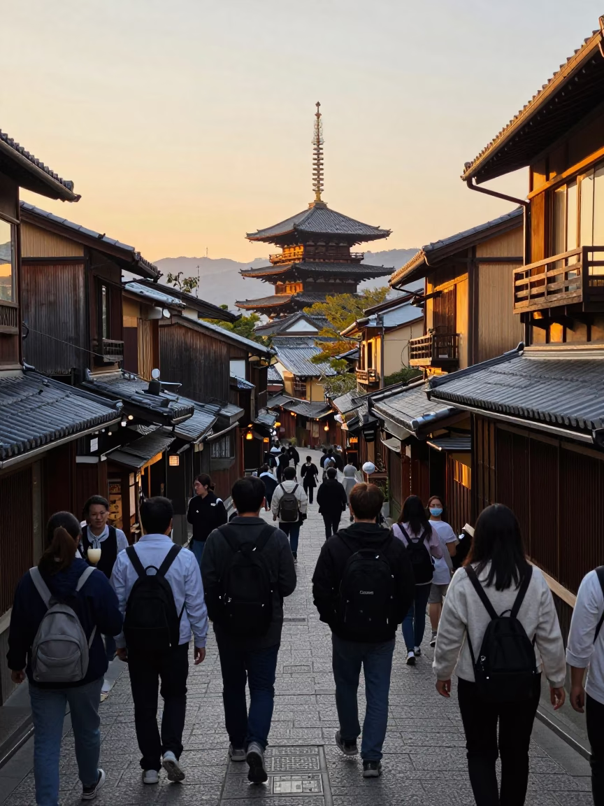 Busy Kyoto Street Scene at Golden Hour with Traditional Wooden Architecture and Porcelain Jars in in Kyoto, Japan