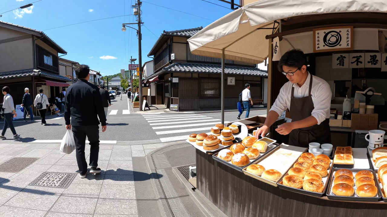 Busy Kyoto Street Scene at Noon with Ceramic Cup and Brushed Steel Wall in in Kyoto, Japan