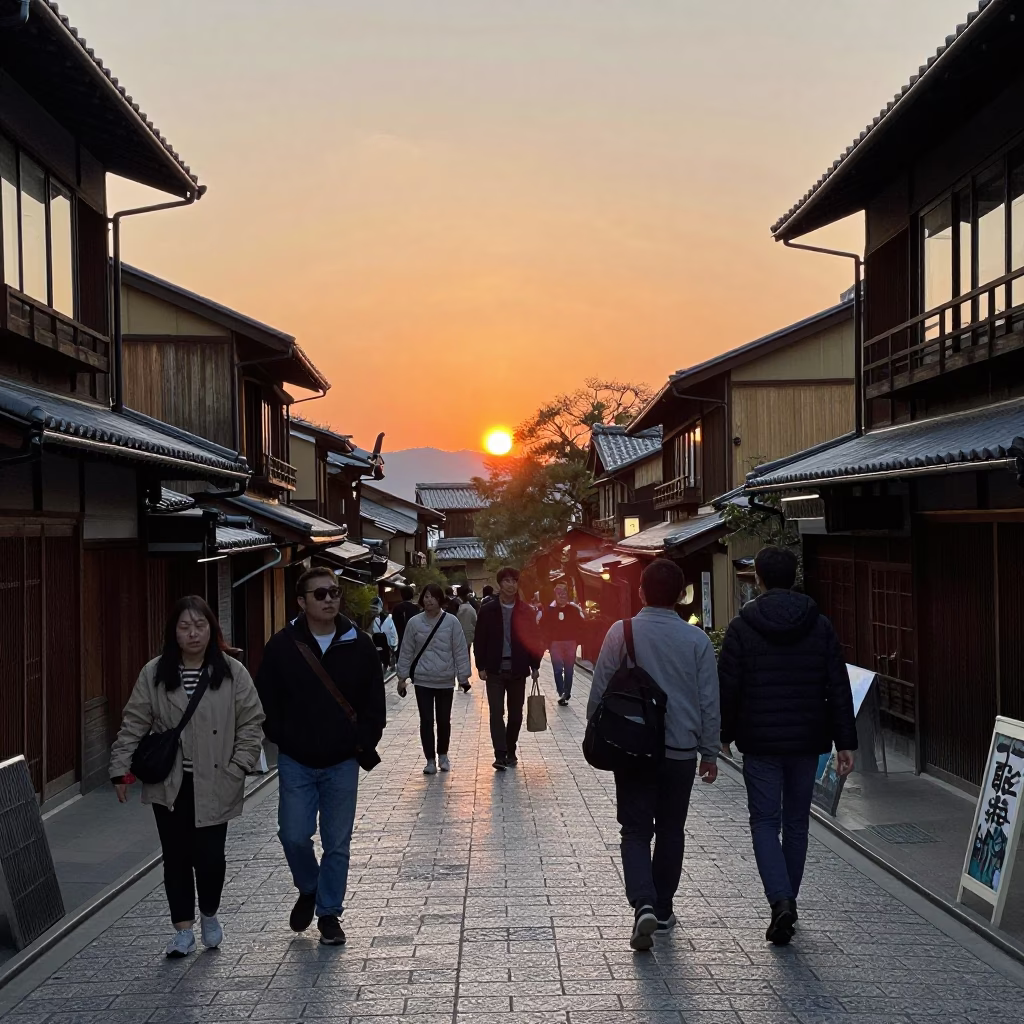 Busy Kyoto Street Scene at Sunset with Ceramic Tiles and Storage Tins in in Kyoto, Japan