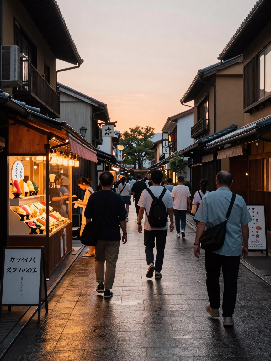 Busy Kyoto Street Scene at Sunset with Gelato Display and Pedestrians in in Kyoto, Japan