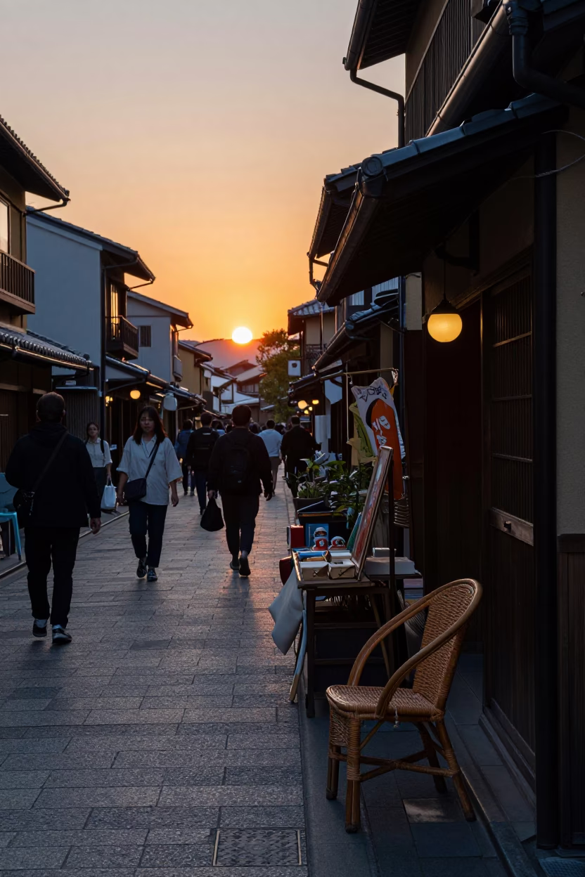 Busy Kyoto Street Scene at Sunset with Rattan Chair and Canisters in in Kyoto, Japan