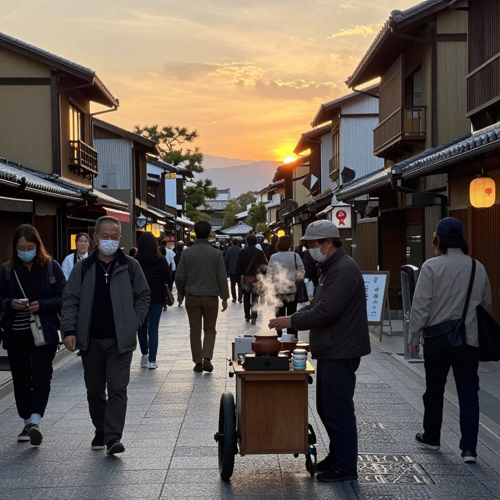 Busy Kyoto Street Scene at Sunset with Steaming Tea and Vintage Atmosphere in in Kyoto, Japan