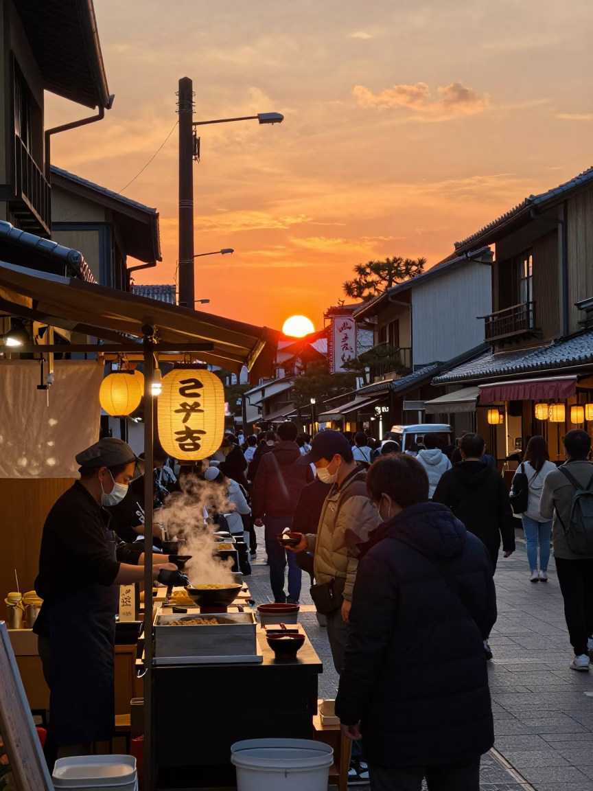 Busy Kyoto Street Scene at Sunset with Udon Shop and Pedestrians in in Kyoto, Japan