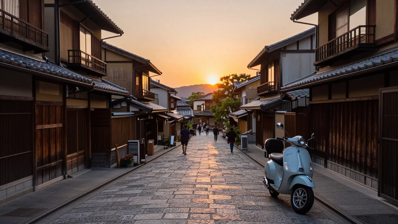 Busy Kyoto Street Scene at Sunset with Vintage Vespa and Traditional Architecture in in Kyoto, Japan