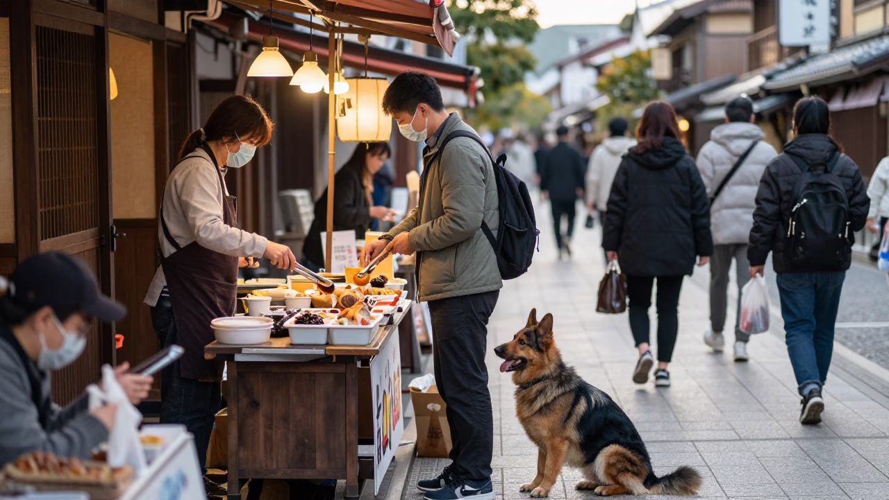Busy Kyoto Street Scene Early Afternoon with Local Food and Everyday Items in in Kyoto, Japan