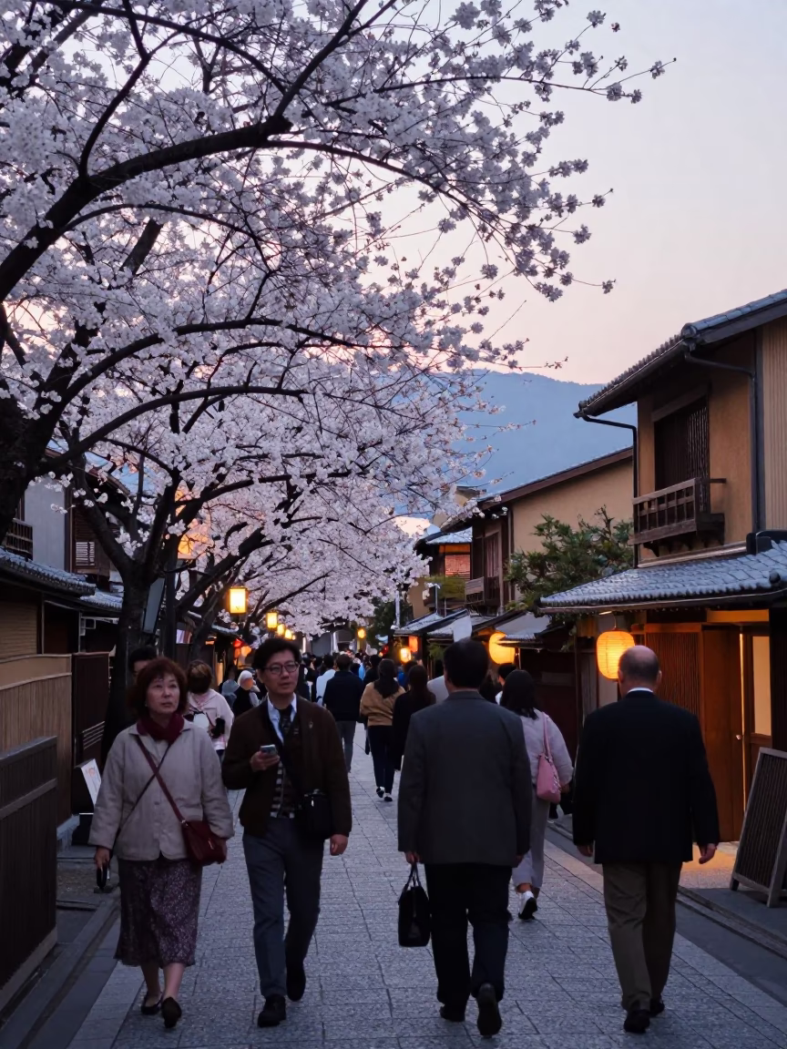 Busy Kyoto Street Scene Early Evening with Cherry Blossoms and Traditional Shopfronts in in Kyoto, Japan