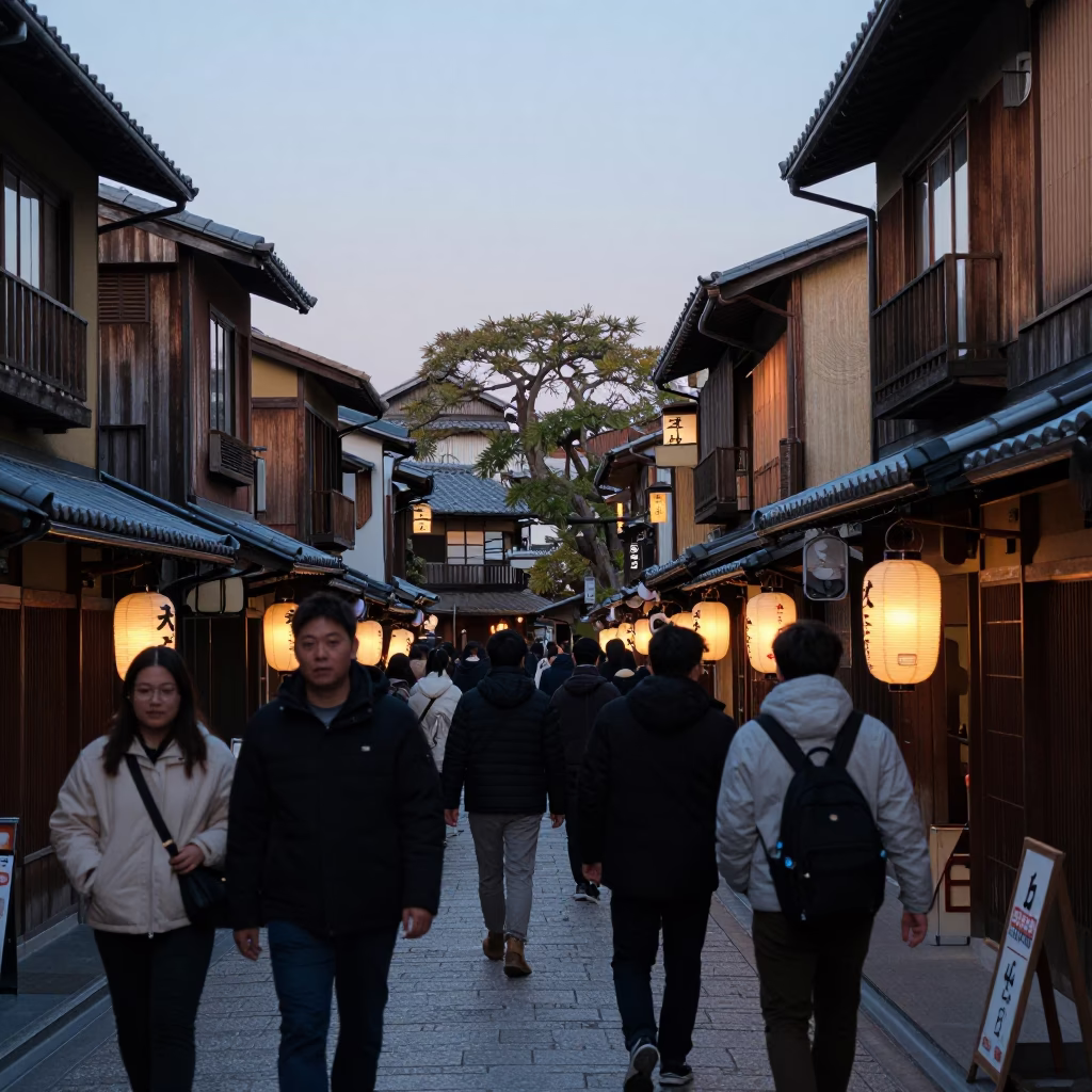 Busy Kyoto Street Scene Early Evening with Lantern and Vintage Camera Equipment in in Kyoto, Japan