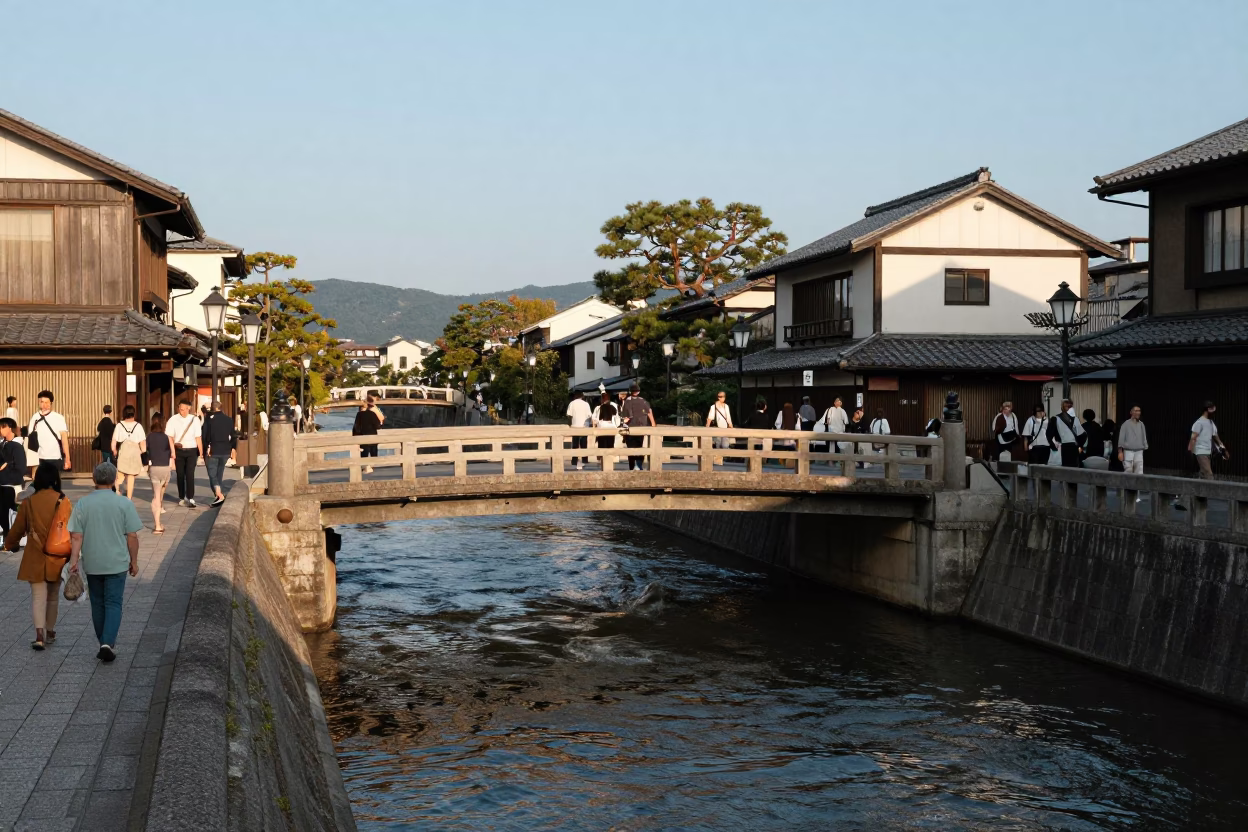 Busy Kyoto Street Scene Late Afternoon Light with Bridge Pier and Traditional Architecture in in Kyoto, Japan