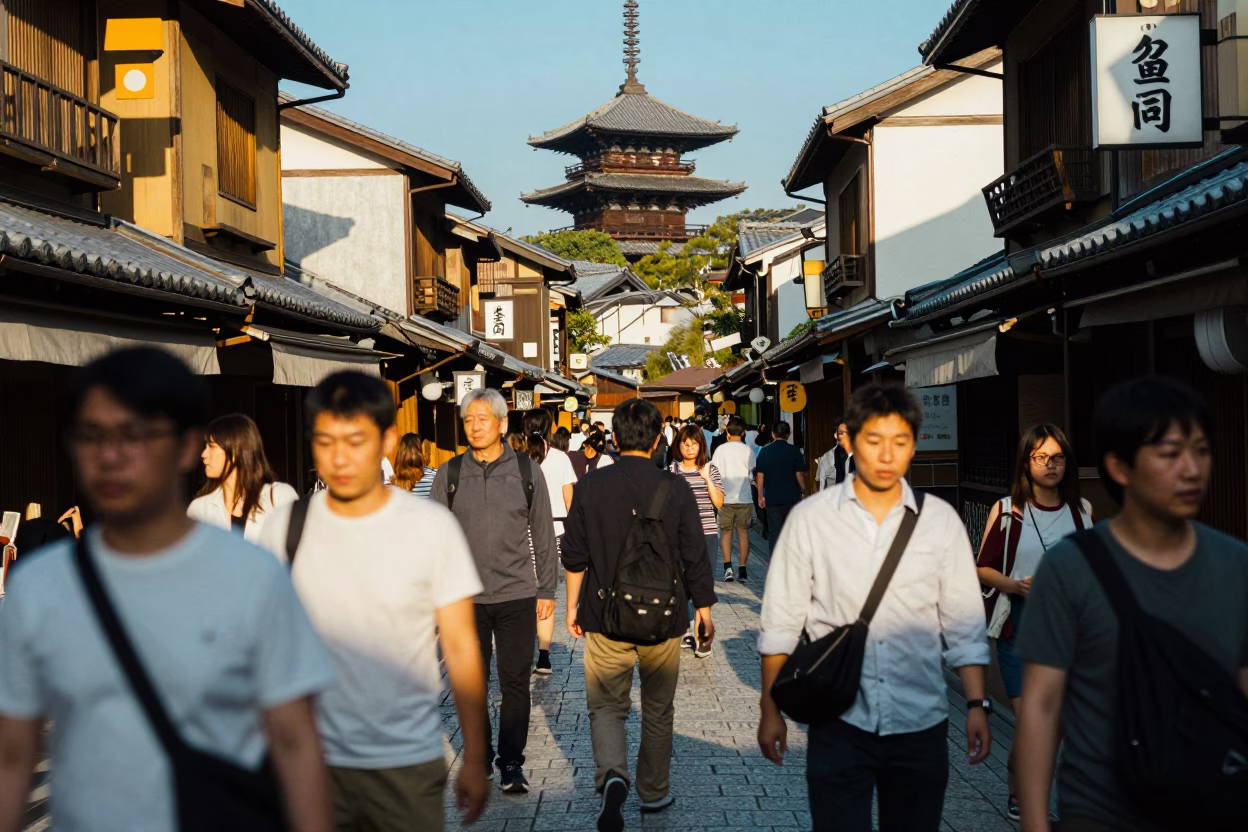 Busy Kyoto Street Scene Late Afternoon Light with Traditional Shopfronts and Pedestrians in in Kyoto, Japan