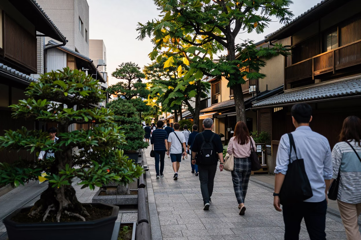 Busy Kyoto Street Scene Late Afternoon with Bonsai and Cherries in in Kyoto, Japan
