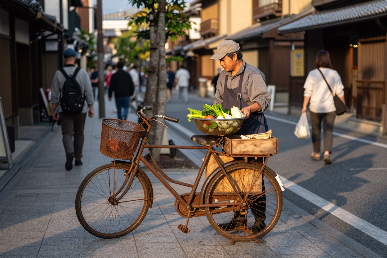 Busy Kyoto Street Scene Late Afternoon with Rusty Bicycle and Mesh Colander in in Kyoto, Japan