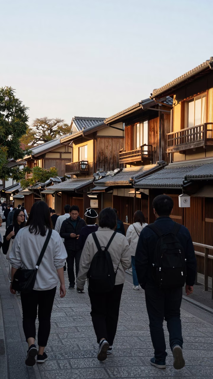 Busy Kyoto Street Scene Late Afternoon with Traditional Architecture and Pedestrians in in Kyoto, Japan