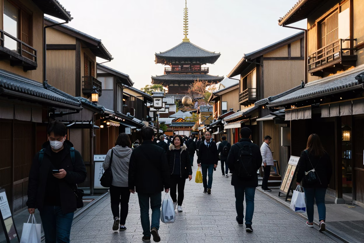 Busy Kyoto Street Scene Late Morning with Traditional Architecture and Local Pedestrians in in Kyoto, Japan
