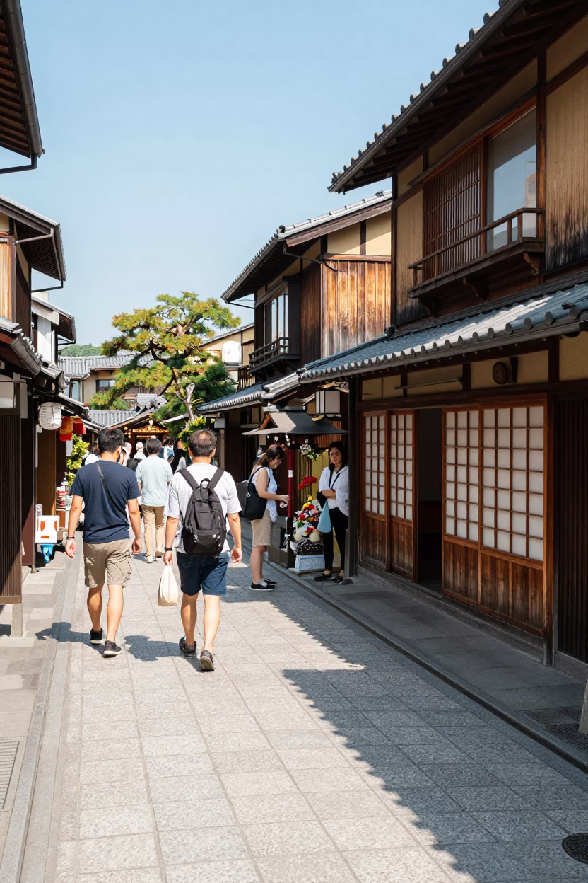 Busy Kyoto Street Scene Midday with Traditional Wooden Architecture and Local Pedestrians in in Kyoto, Japan