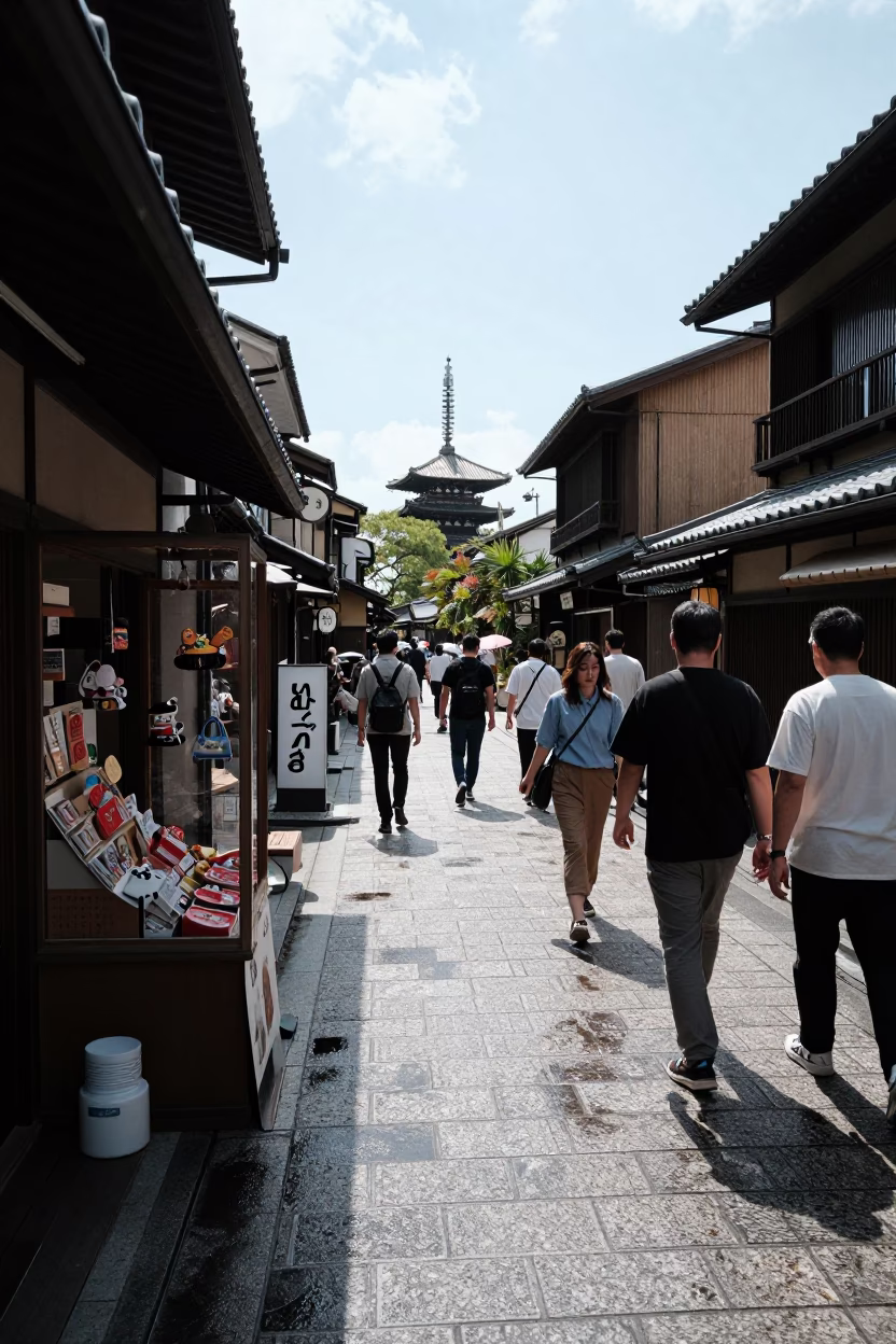 Busy Kyoto Street Scene Under Flat Noon Glare with Local Shop Details in in Kyoto, Japan