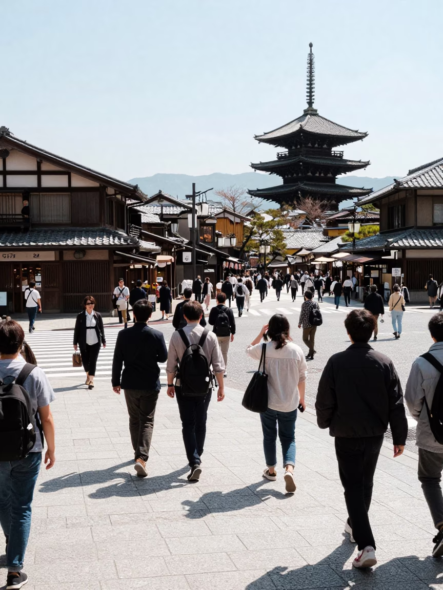 Busy Kyoto Street Scene Under Flat Noon Glare with Pedestrians and Traditional Architecture in in Kyoto, Japan