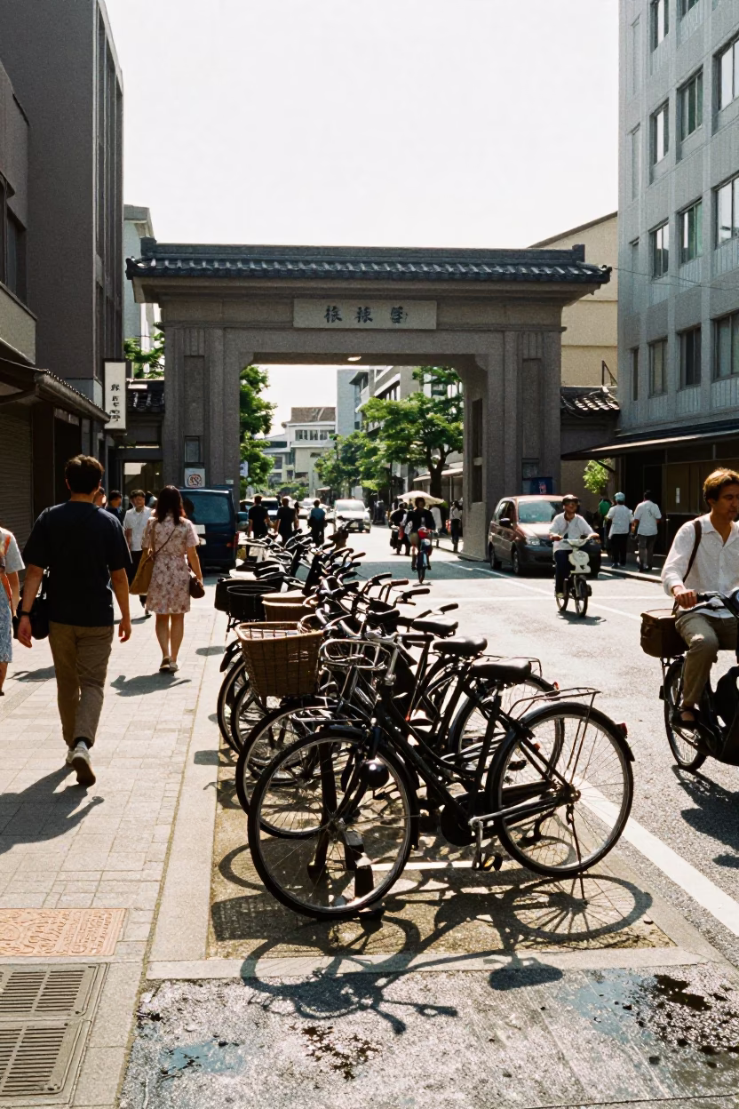 Busy Kyoto Street Scene Under Noon Glare with Bicycle Rack and Local Activity in in Kyoto, Japan