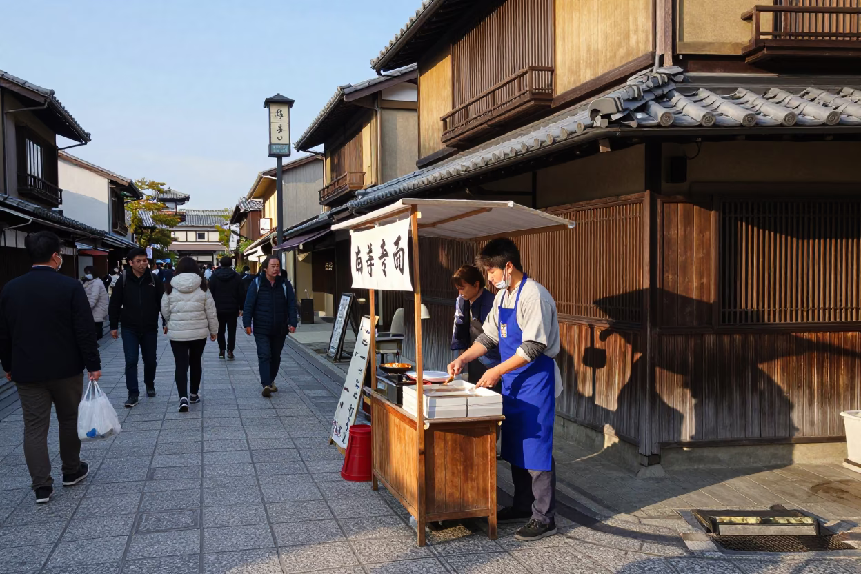 Busy Kyoto Street Scene with Apron-Wearing Vendor in Late Afternoon Light in in Kyoto, Japan