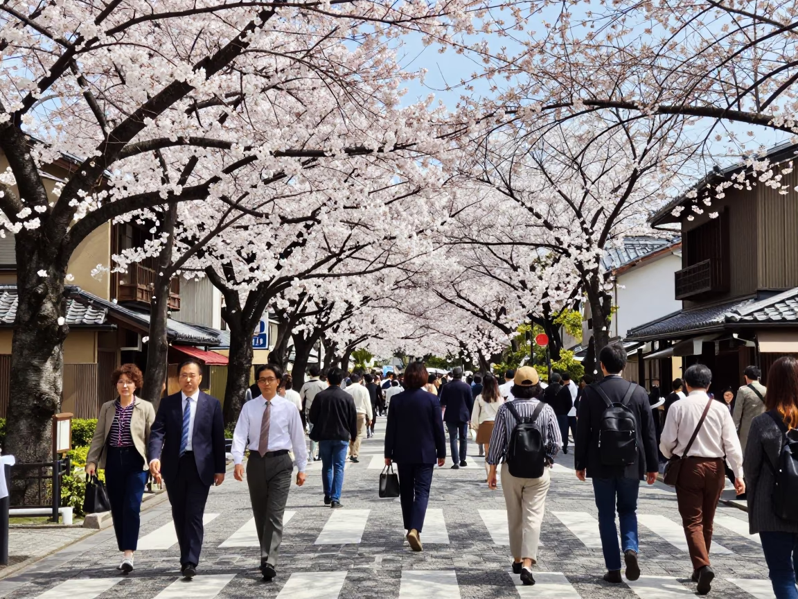 Busy Kyoto Street Scene with Cherry Blossoms and Traditional Architecture in Midday Sun in in Kyoto, Japan
