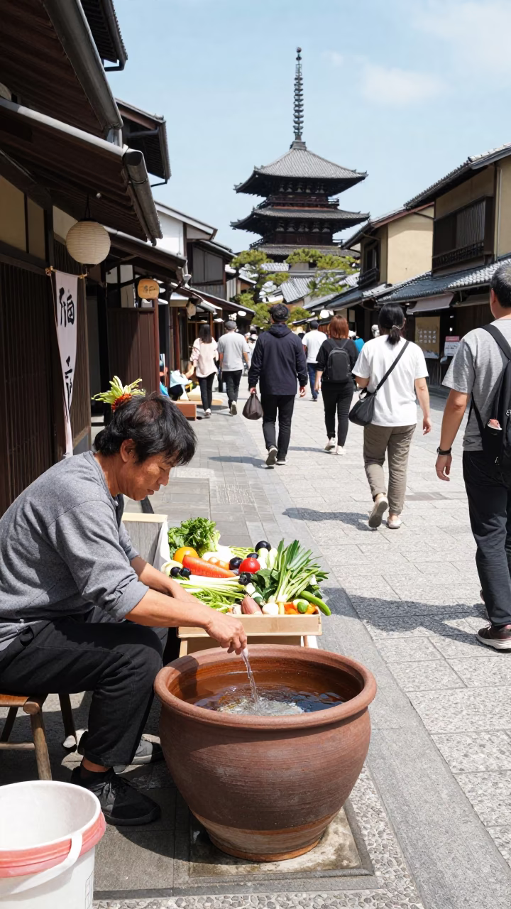 Busy Kyoto Street Scene with Clay Pot and Water Rings in Bright Midmorning Light in in Kyoto, Japan