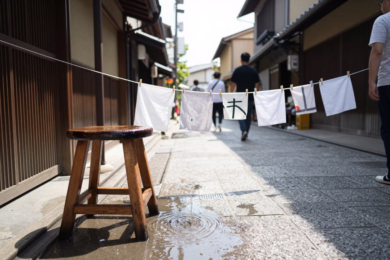 Busy Kyoto Street Scene with Laundry Pins and Water Rings in Bright Midmorning Light in in Kyoto, Japan