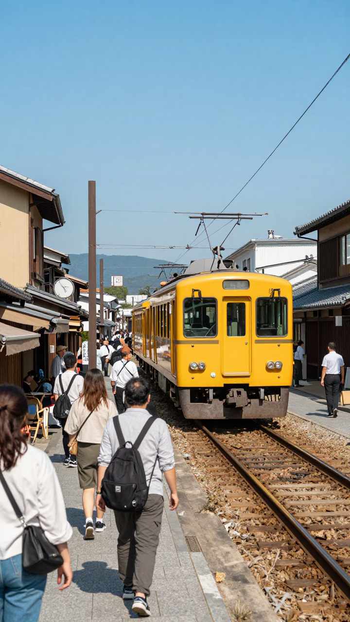 Busy Kyoto Street Scene with Narrow Gauge Train and Local Shop Details in in Kyoto, Japan