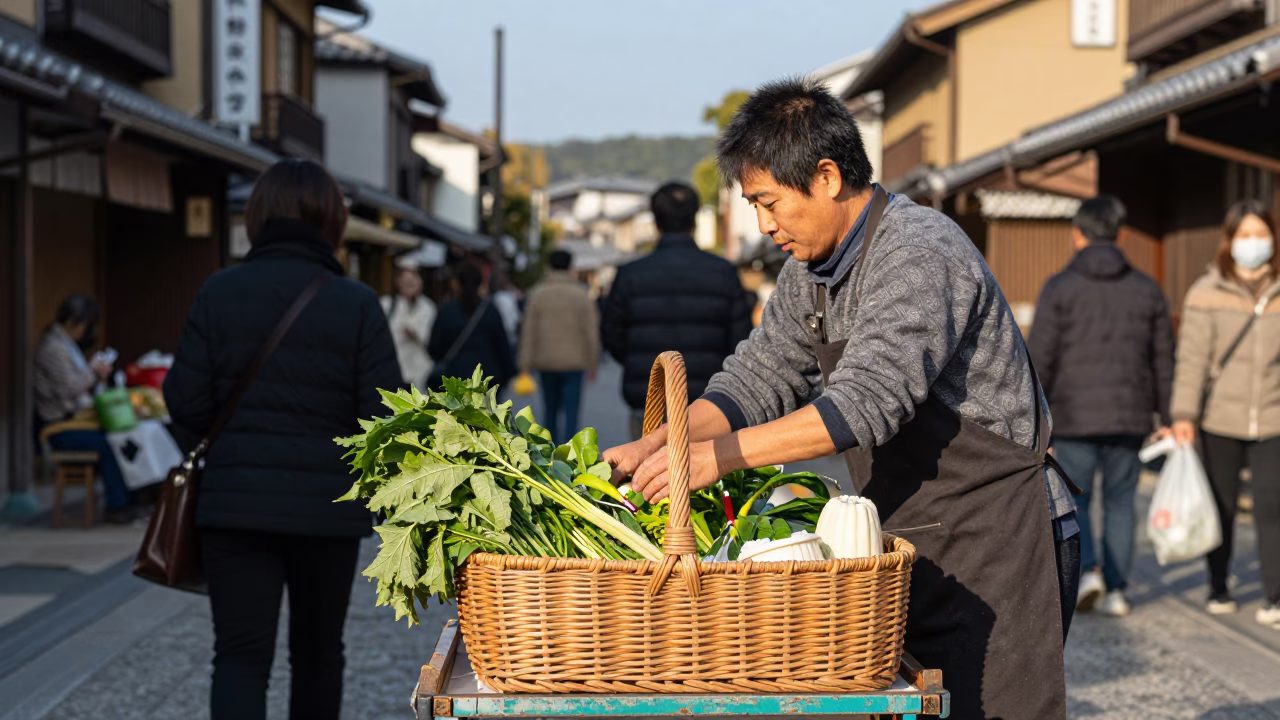 Busy Kyoto Street Scene with Wicker Basket and Traditional Architecture in Late Afternoon Light in in Kyoto, Japan