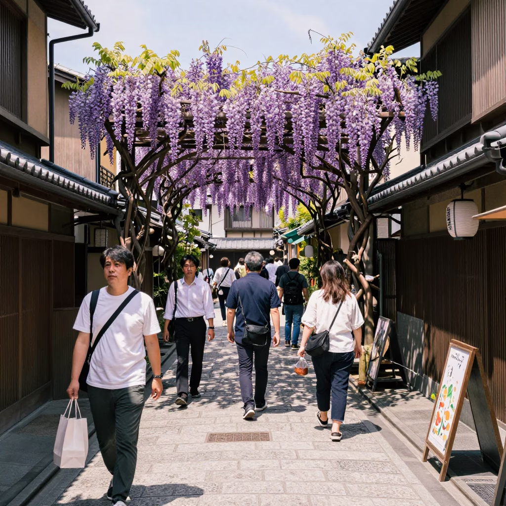 Busy Kyoto Street Scene with Wisteria Tunnel and Traditional Tea House Details in in Kyoto, Japan